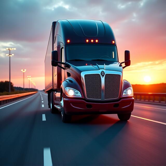 Modern logistics semi-truck on a highway at dusk with digital overlays